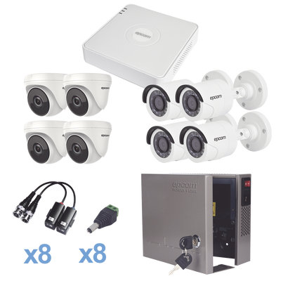 Sistema TURBO Epcom KESTXLT4BW/4EW, HD720p, DVR 8 Ch, 4 Cámaras Bullet ( exterior 3.6 mm ), 4 Cámaras Eyeball (exterior 2.8 mm ), Transceptores, Conectores, Fuente de Poder Profesional