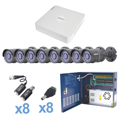 Sistema TURBO HD720p / Incluye DVR 8 Ch / 8 Cámaras Balas (exterior 3.6 mm) / Conectores / Transceptores / Fuente de Poder Profesional hasta 15 Vcd para Larga Distancia. KESTXLT8B