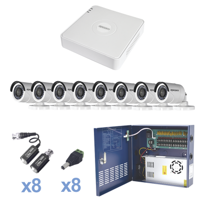 Sistema TURBO HD720p / Incluye DVR 8 Ch / 8 Cámaras Balas (exterior 3.6 mm) / Conectores / Transceptores / Fuente de Poder Profesional hasta 15 Vcd para Larga Distancia KESTXLT8BW