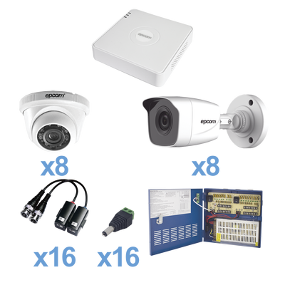 Sistema Epcom KESTXLT8BW/8EW, TURBO HD720p, Incluye DVR 16ch, 8 cámaras bullet color blanco interior - ext. 3.6mm, 8 cámaras eyeball interior - exterior 2.8mm, Transceptores, Conectores, Fuente Heavy Duty 20A, Hasta 15Vcd para Larga Distancias 