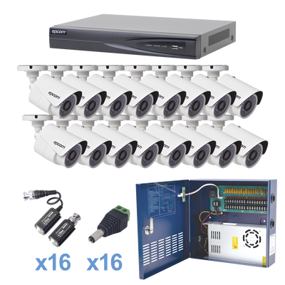 Sistema TURBOHD 1080P H.265+ Incluye DVR 16 ch / 16 cámaras bala (interior - exterior, 2.8mm gran angular) / transceptores / conectores / Fuente de poder profesional Heavy Duty 20A, Hasta 15Vcd para Larga Distancia KEVTX8T16BW