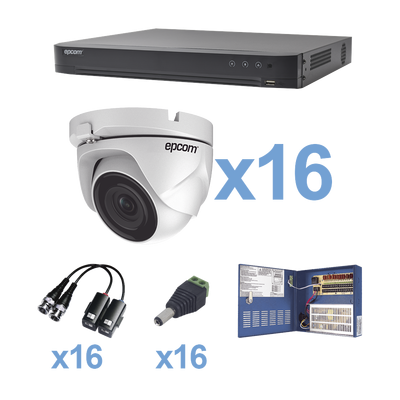 Sistema TurboHD Epcom KEVTX8T16EW, 1080P, H.265+ Incluye DVR 16ch / 16 cámaras eyeball (Interior/Exterior 2.8mm gran angular) transceptores / conectores / Fuente de poder profesional Heavy Duty 20A, Hasta 15Vcd para Larga Distancia.  