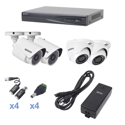 Sistema TURBOHD 1080p / DVR 4 Canales / 2 Cámaras Bala (exterior 2.8 mm)  / 2 Cámaras Eyeball (exterior 2.8 mm) / Transceptores / Conectores / Fuente de Poder Profesional KEVTX8T2BW/2EW