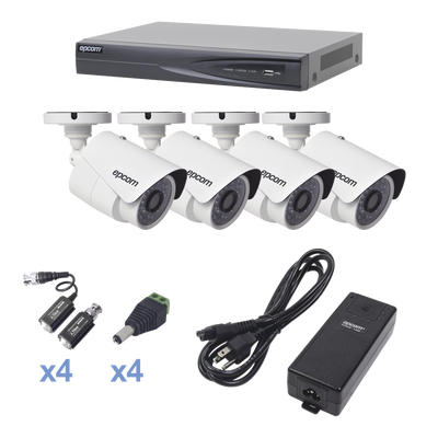 Sistema TURBOHD 1080p / DVR 4 Canales / 4 Cámaras Bala (exterior 2.8 mm) / Transceptores / Conectores / Fuente de Poder Profesional KEVTX8T4BW
