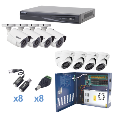 Sistema TURBOHD 1080p / DVR 8 Canales / 4 Cámaras Bala (exterior 2.8 mm) / 4 Cámaras Eyeball (exterior 2.8 mm) / Transceptores / Conectores / Fuente de Poder Profesional hasta 15 Vcd para Largas Distancias KEVTX8T4BW/4EW