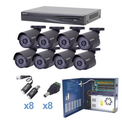 Sistema TURBOHD 1080p / DVR 8 Canales / 8 Cámaras Bala (exterior 2.8 mm) / Transceptores / Conectores / Fuente de Poder Profesional hasta 15 Vcd para Larga Distancia KEVTX8T8B