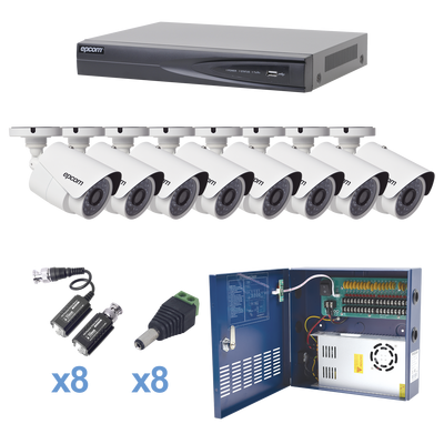 Sistema TURBOHD 1080p / DVR 8 Canales / 8 Cámaras Bala (exterior 2.8 mm) / Transceptores / Conectores / Fuente de Poder Profesional hasta 15 Vcd para Larga Distancias KEVTX8T8BW