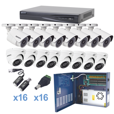 Sistema TURBOHD 1080P H.265+  Incluye DVR 16 ch / 8 cámaras bala (interior - ext, 2.8mm, color blanco)  / 8 domos eyeball (interior - exterior, 2.8mm) / transceptores / conectores / Fuente profesional Heavy Duty 20A, Hasta 15Vcd para Larga Distanci KEVTX8