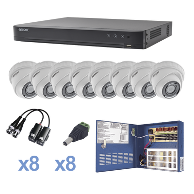 Sistema TURBOHD Epcom KEVTX8T8EW, 1080p / DVR 8 Canales / 8 Cámaras Eyeball (exterior 2.8 mm) / Transceptores / Conectores / Fuente de Poder Profesional hasta 15 Vcd para Larga Distancia.