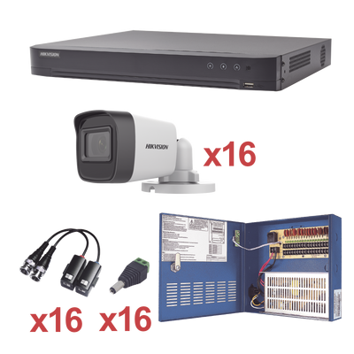 Sistema Hikvision KH1080P16BW, TURBOHD 1080p Incluye DVR 16 Canales / 16 Cámaras mini bullet 2.8mm / transceptores / conectores / Fuente de poder profesional Heavy Duty 20A, Hasta 15Vcd para Larga Distancia.