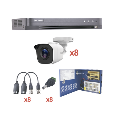 Sistema Hikvision KH1080P8BW, TURBOHD 1080p / DVR 8 Canales / 8 Cámaras Bala (exterior 2.8 mm) / Transceptores / Conectores / Fuente de Poder Profesional hasta 15 Vcd para Larga Distancia.