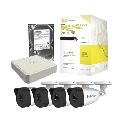 Kit IP Hikvision KHL4B/1TB, de 4 Canales de 1 Megapixel, NVR de 4 Canales + 4 Cámaras IP + Bobina de Cable de 100 mts + Disco Duro 1 TB