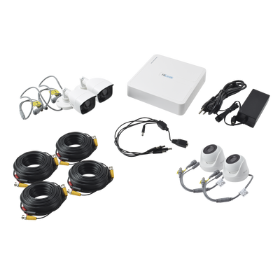 Kit TurboHD Hilook by hikvision KIT7202BD, 720p / DVR 4 canales / 2 Cámaras Bala / 2 Cámaras Domo / Cables 18 Mts / 1 Fuente de Poder Profesional.