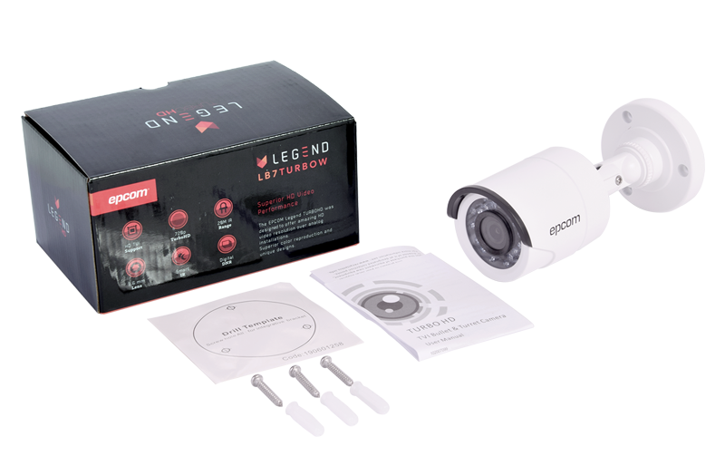 Sistema LEGEND TURBOHD 720P de 4 canales compatible con P2P. Incluye 4 LB7TURBOW (Bullet Interior / exterior 3.6mm / color blanco), Transceptores, adaptadores de voltaje y Fuente de Poder Profesional TURBOXSB74W