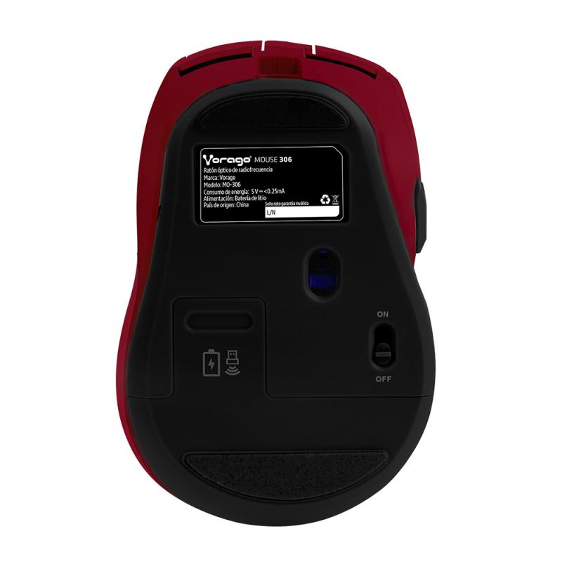 Mouse Inalámbrico VORAGO MO-306, Recargable, Rojo, iluminado, 2400 DPI, MO-306RD