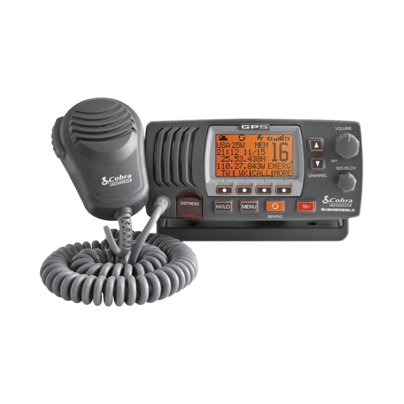 Radio móvil marino Cobra MRF77BGPS VHF clase D con antena interna de GPS, función de megafonía y grabador automático de 20 segundos de audio recibido. cuenta con los canales Internacionales, de Canadá y Estados Unidos