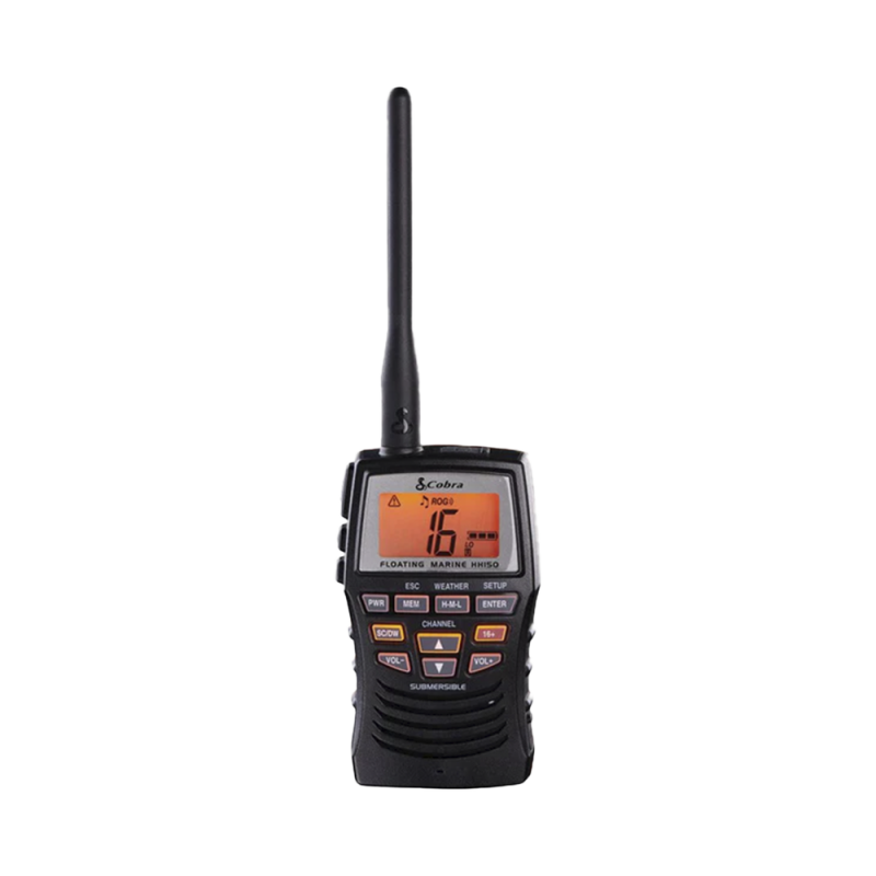 Radio portátil marino Cobra MRHH150FLT flotante y sumergible con potencia de RF de 3 Watts. MRHH150FLT