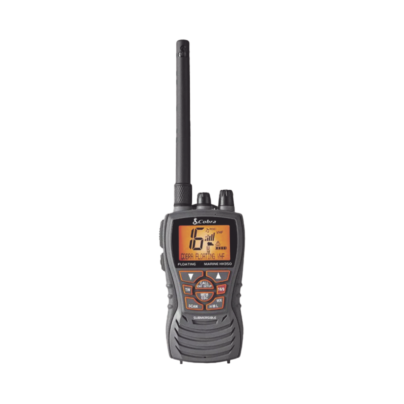 Radio Cobra MRHH350FLT portátil marino flotante y sumergible con función de eliminación de agua de la bocina mediante vibración,  potencia de RF de 6 Watts. MRHH350FLT