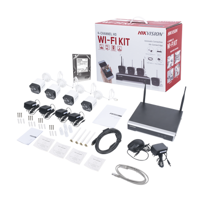 Kit IP Hikvision NK42W0-1TWD, WiFi de 2 Megapixel, NVR 4 Canales, 4 Camaras Bala para Exterior, Incluye 1 HDD de 1 TB 