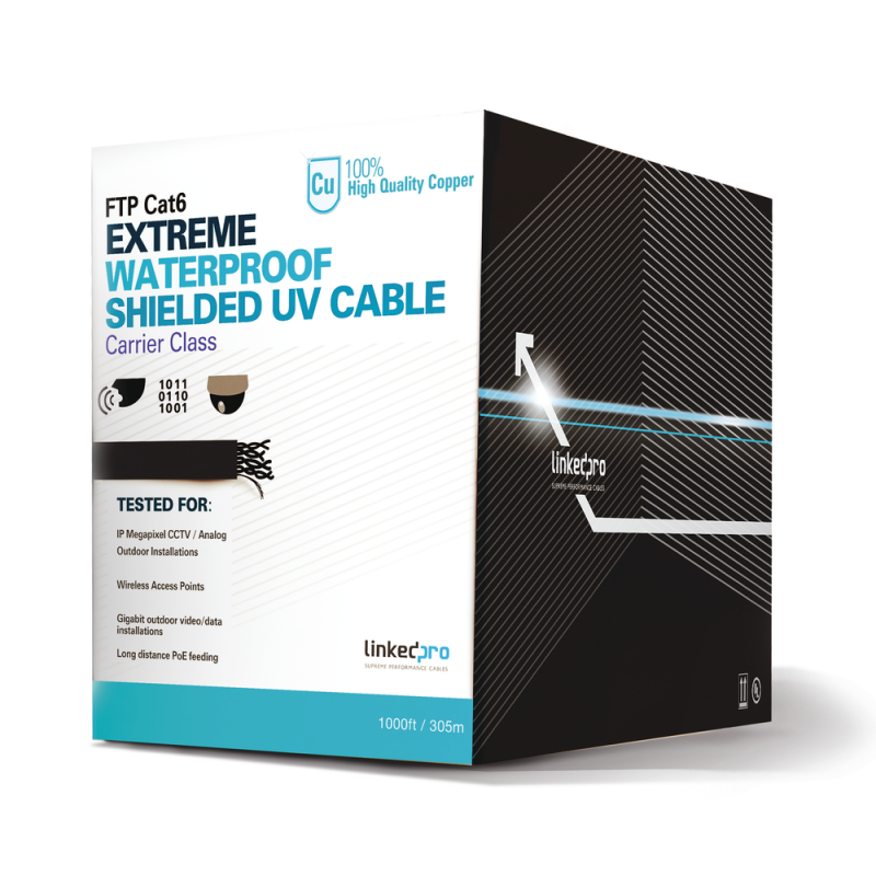 Bobina de cable UTP Cat6 LinkedPro PRO-CAT-6-EXT-LITE, 305m, Color negro, para exterior, para aplicaciones de CCTV, redes de datos, Uso en Intemperie