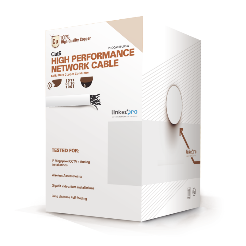 Bobina de cable UTP Cat6 Linkedpro PRO-CAT-6-PLUSW de 305 metros, alto desempeño, super flexible, UL, Cobre, para aplicaciones de CCTV y redes de datos