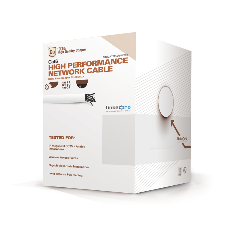 Bobina de cable UTP Cat6 Linkedpro Color Blanco, de 500 ft ( 152.5 m) alto desempeño, super flexible, UL, color Blanco, PRO-CAT-6-PLUS-W/500