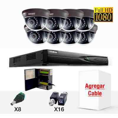 Sistema TurboHD(TVI) 8 domos 90 grados, IR 1080P WDR Full HD, TurboHD, balluns, fuente de poder profesional, agregar cable TURBOD88