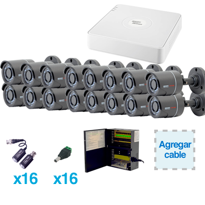 Sistema Legend TurboHD 720P de 16 canales compatibles con P2P, incluye 16 LB7TURBO (Bullet inteior / exterior 3.6mm / color gris oscuro), transceptores, adaptadores de voltaje y fuente de poder profesional TURBOSB716