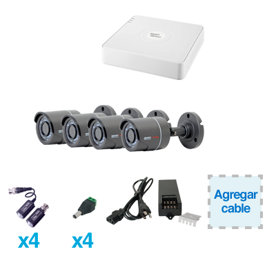 Sistema Legend TurboHD 720P de 4 canales compatible con P2P, incluye 4 LB7TURBO (Bullet Interior / exterior 3.6mm / color gris oscuro), transceptores, adaptadores de voltaje y fuente de poder profesional TURBOXSB74