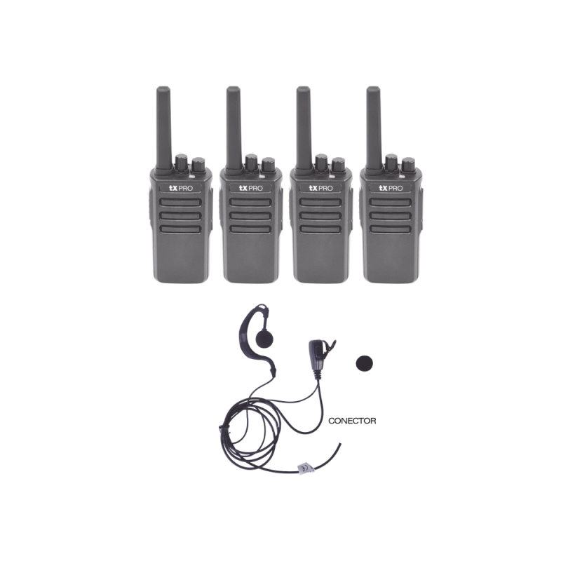 Kit de 4 radios Tkpro TX600 5W de Potencia, Scrambler de Voz, Alta Cobertura, 400-470 MHz, 16 canales preconfigurados, incluye auriculares manos libres TXEHK TX600KIT