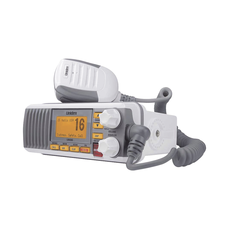 Radio Móvil Marino Uniden UM-385 VHF, color blanco, Tx: 156.025 - 157.425 MHz, Rx: 156.050 - 163.275 MHz, 25W de potencia, sumergible IPX4 incluye micrófono y cable de alimentación UM-385