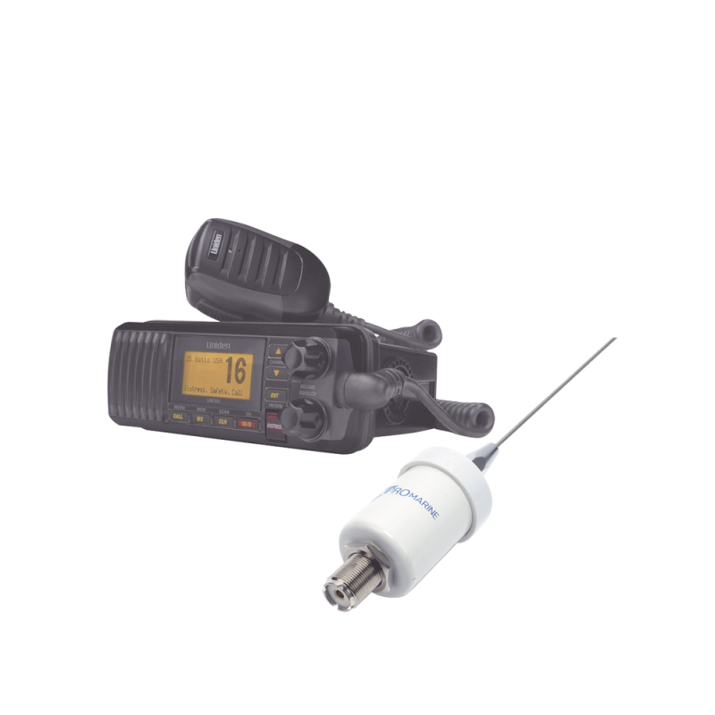 Kit de radio Marino Uniden UM385BK, más antena marina de fibra de vidrio TX-1600-SYS UM-385BK/KIT1600