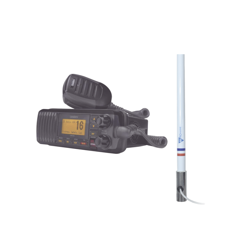 Kit de radio marino Uniden UM385BK + Antena marina 5101 shakespeare UM-385BK/5101