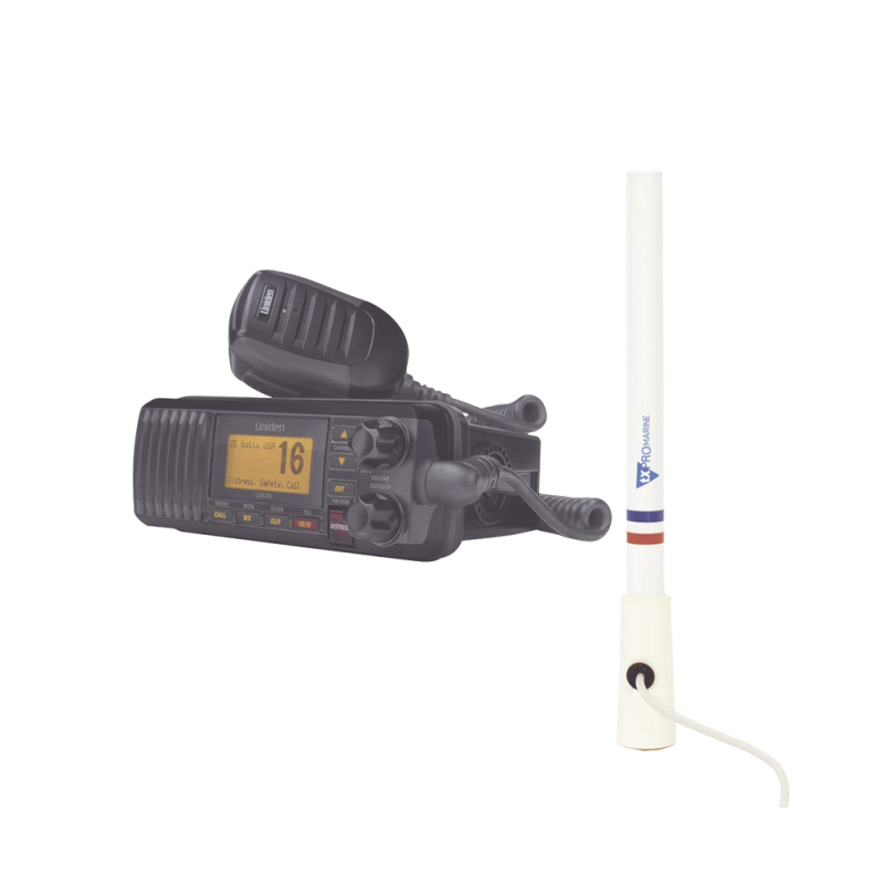 Kit de radio Marino Uniden UM385BK, más antena marina de fibra de vidrio TX-5206-SYS y soporte para antena 4186 UM-385BK/KIT5206