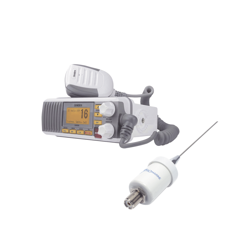 Kit de radio marino Uniden UM385, más antena marina de fibra de vidrio TX-1600-SYS UM385/KIT1600