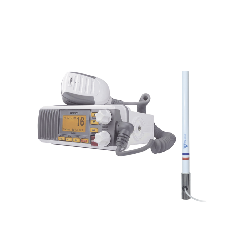 Kit de radio Uniden UM385, más antena marina de fibra de vidrio TX-5101-SYS fabricada en fibra de vidrio con base roscable de acero inoxidable UM385/KIT5101