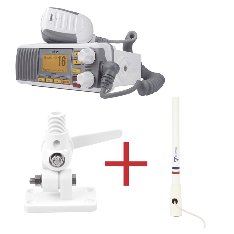 Kit de radio marino Uniden UM385, más antena marina de fibra de vidrio TX-5206-SYS y soporte para antena 4186 UM385/KIT5206