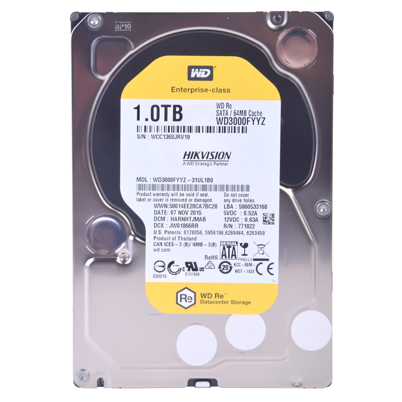 Disco duro SATA 1TB serie WD YELLOW RE optimizado para CCTV, 7200RPM, 24/7 WD10-YELRE
