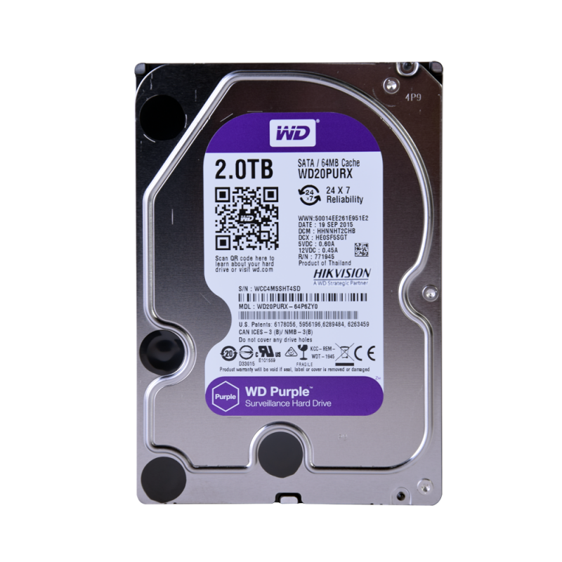 Disco duro SATA 2TB serie WD PURPLE optimizado para CCTV, 5400RPM, 24/7 WD20PURX