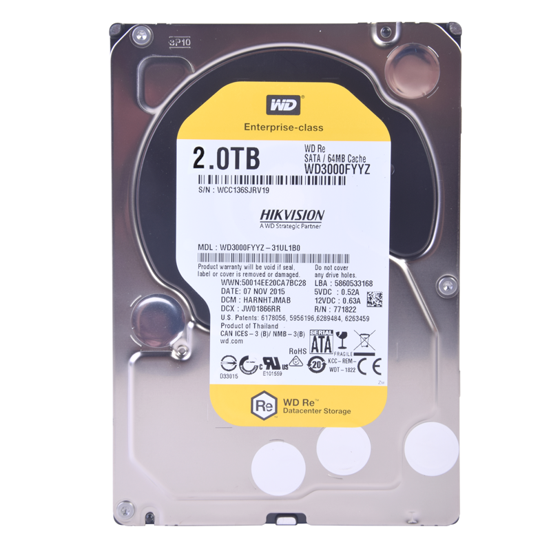 Disco duro SATA 2TB serie WD Yellow RE optimizado para CCTV, 7200RPM, 24/7 WD20YELRE