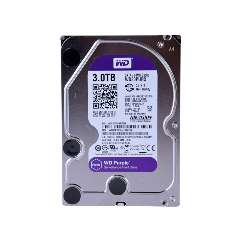 Disco duro SATA 3TB serie WD PURPLE optimizado para CCTV, 5400RPM, 24/7 WD30PURX