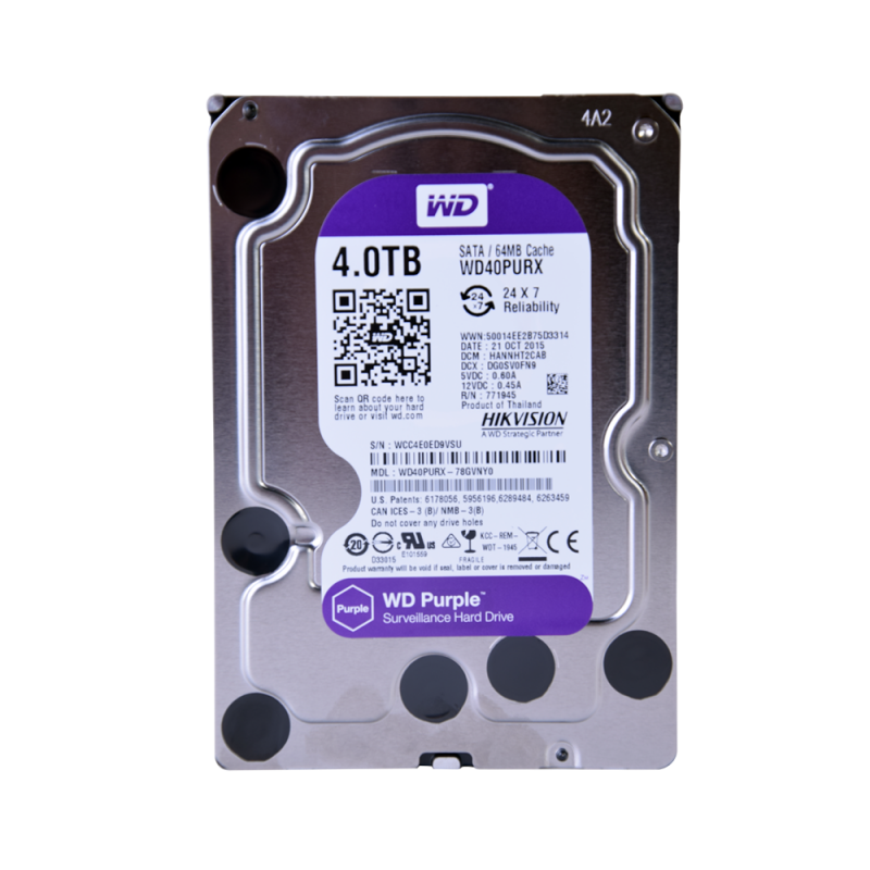 Disco duro SATA 4TB serie WD PURPLE optimizado para CCTV, 5400RPM, 24/7 WD40PURX