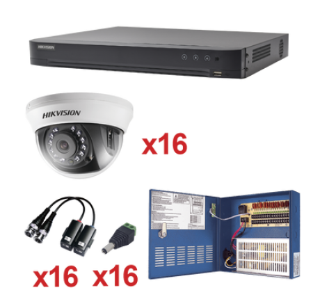 Sistema Hikvision KH1080P16DW, TURBOHD 1080p Incluye DVR 16 Canales / 16 Cámaras domo 2.8mm / transceptores / conectores / Fuente de poder profesional Heavy Duty 20A, Hasta 15Vcd para Larga Distancia.