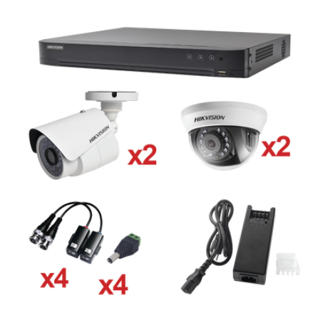 Sistema Hikvision KH1080P2BW/2DW, TURBOHD 1080p / DVR 4 Canales / 2 Cámaras Bala (exterior 2.8 mm) / 2 Cámaras Domo (interior 2.8 mm) / Transceptores / Conectores / Fuente de Poder Profesional.