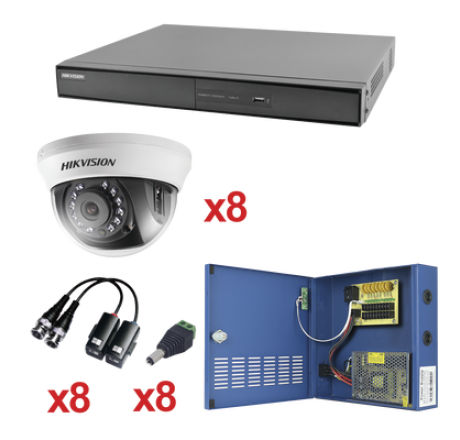 Sistema Hikvision KH1080P8DW, TURBOHD 1080p / DVR 8 Canales / 8 Cámaras Domo (interior 2.8 mm) / Transceptores / Conectores / Fuente de Poder Profesional hasta 15 Vcd para Larga Distancia.